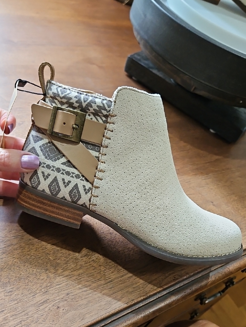 Women's Beige Suede Ankle Bootie with Aztec Accent